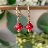 Red Mushroom Huggie Earrings - fun food fruit earrings - cute mushroom huggie hoops